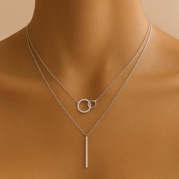 Sterling Silver Layered Necklace Set • Interlocking Circles Necklace - Picture 4 of 5